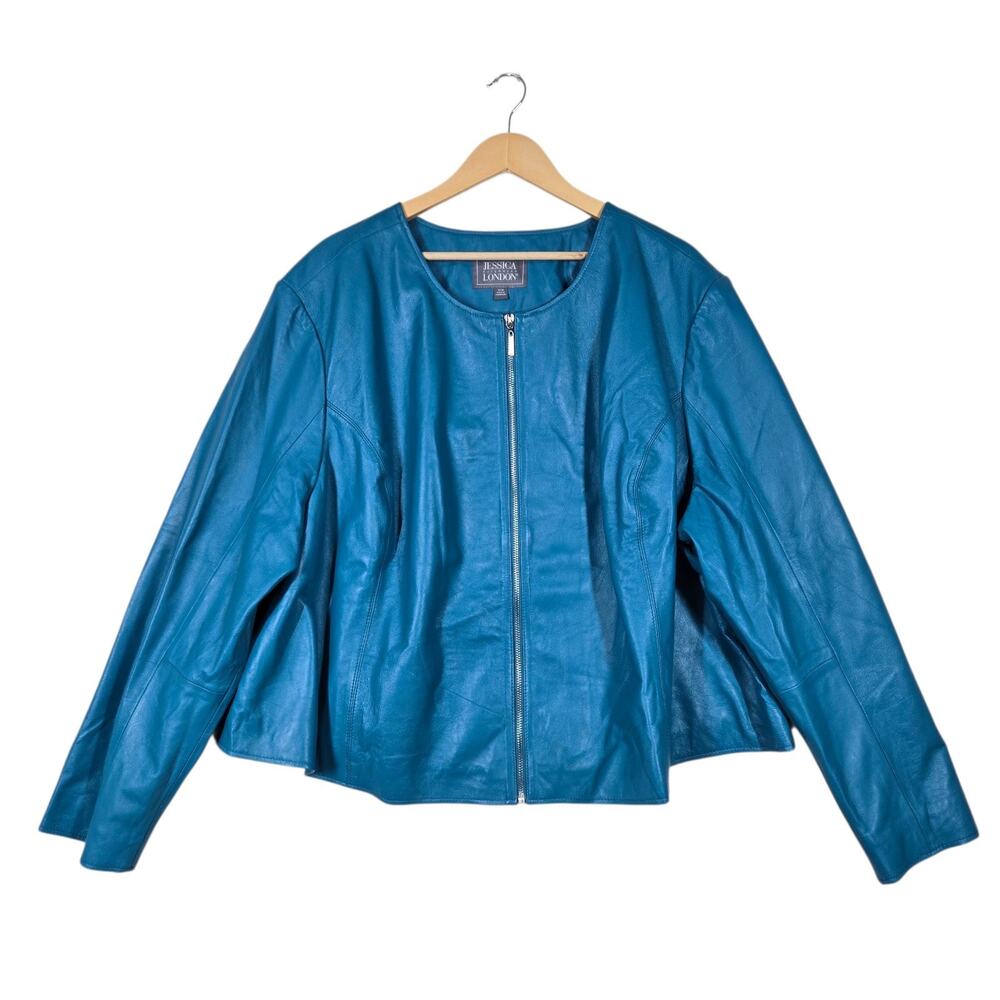 Y2K Jessica London Teal Blue Leather Jacket Plus Size 32W Statement Coat